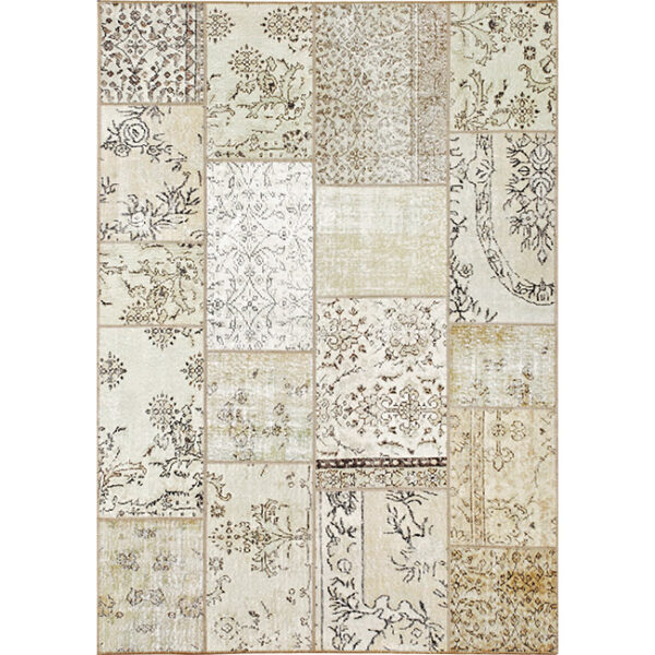 Boven aanzicht van vloerkleed ANKARA patchwork, in de kleur beige gemaakt van wol.