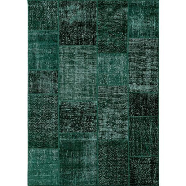 Boven aanzicht van vloerkleed ANKARA patchwork, in de kleur donker groen gemaakt van wol.