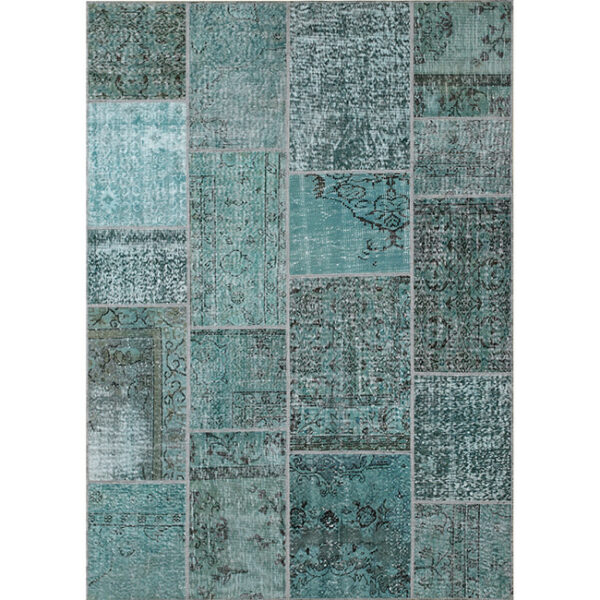 Boven aanzicht van vloerkleed ANKARA patchwork, in de kleur licht blauw gemaakt van wol.