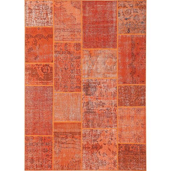 Boven aanzicht van vloerkleed ANKARA patchwork, in de kleur oranje gemaakt van wol.
