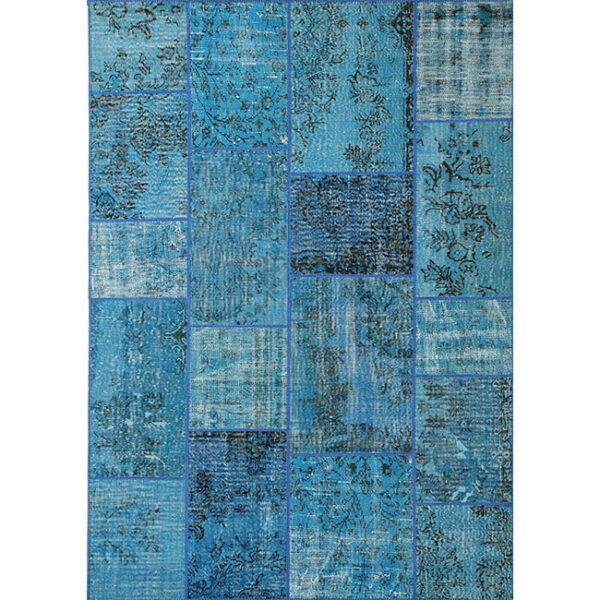 Boven aanzicht van vloerkleed ANKARA patchwork, in de kleur parliament blauw gemaakt van wol.