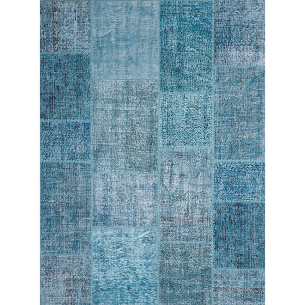 Boven aanzicht van vloerkleed ANKARA patchwork, in de kleur petrol blauw gemaakt van wol.