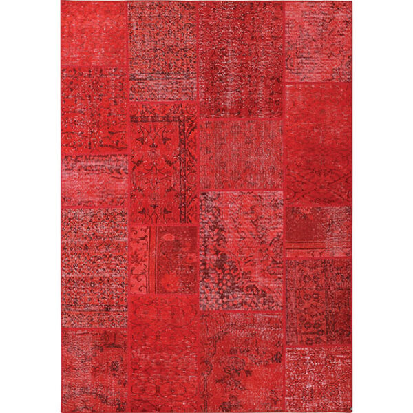 Boven aanzicht van vloerkleed ANKARA patchwork, in de kleur rood gemaakt van wol.