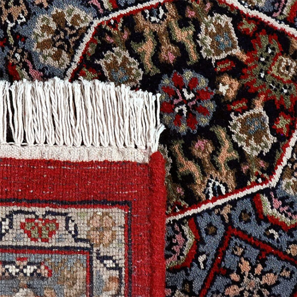 achterkant hoek aanzicht van vloerkleed BIDJAR, in de kleur rood blauw, gemaakt van wol.