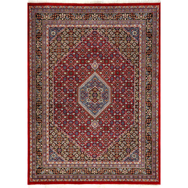 Boven aanzicht van vloerkleed BIDJAR, in de kleur rood blauw, gemaakt van wol.