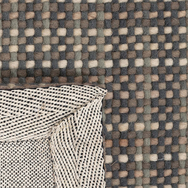 Achterkant hoek aanzicht van vloerkleed PARIS, in de kleur beige grijs gemaakt van wol.